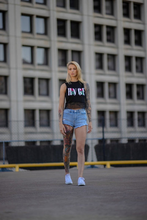 Black Shadows Crop Muscle Tank With Mesh Panel Crop Tees