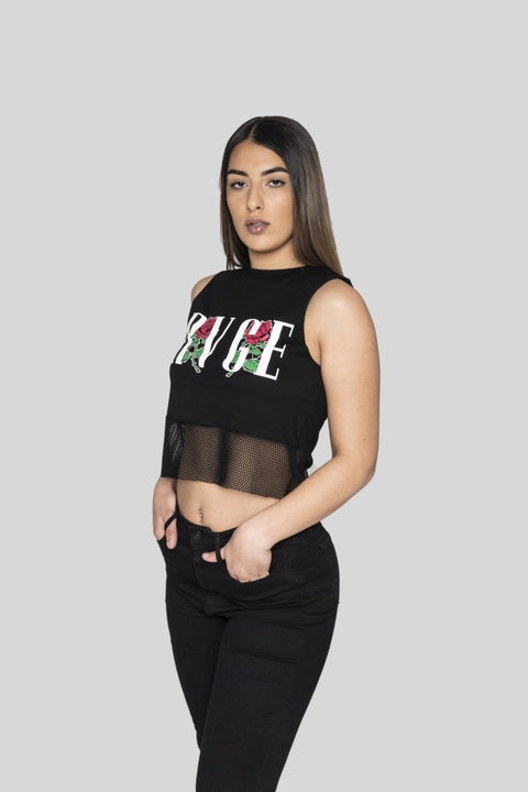 Black Shadows Crop Muscle Tank With Mesh Panel Crop Tees