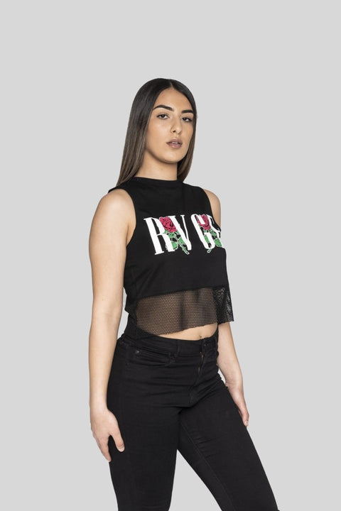 Black Shadows Crop Muscle Tank With Mesh Panel Crop Tees