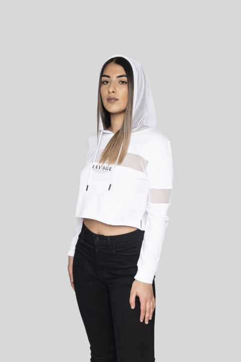 Hype Series Mesh Panels Hoodie White Crop Tees