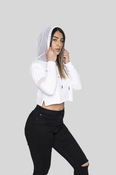 Hype Series Mesh Panels Hoodie White Crop Tees